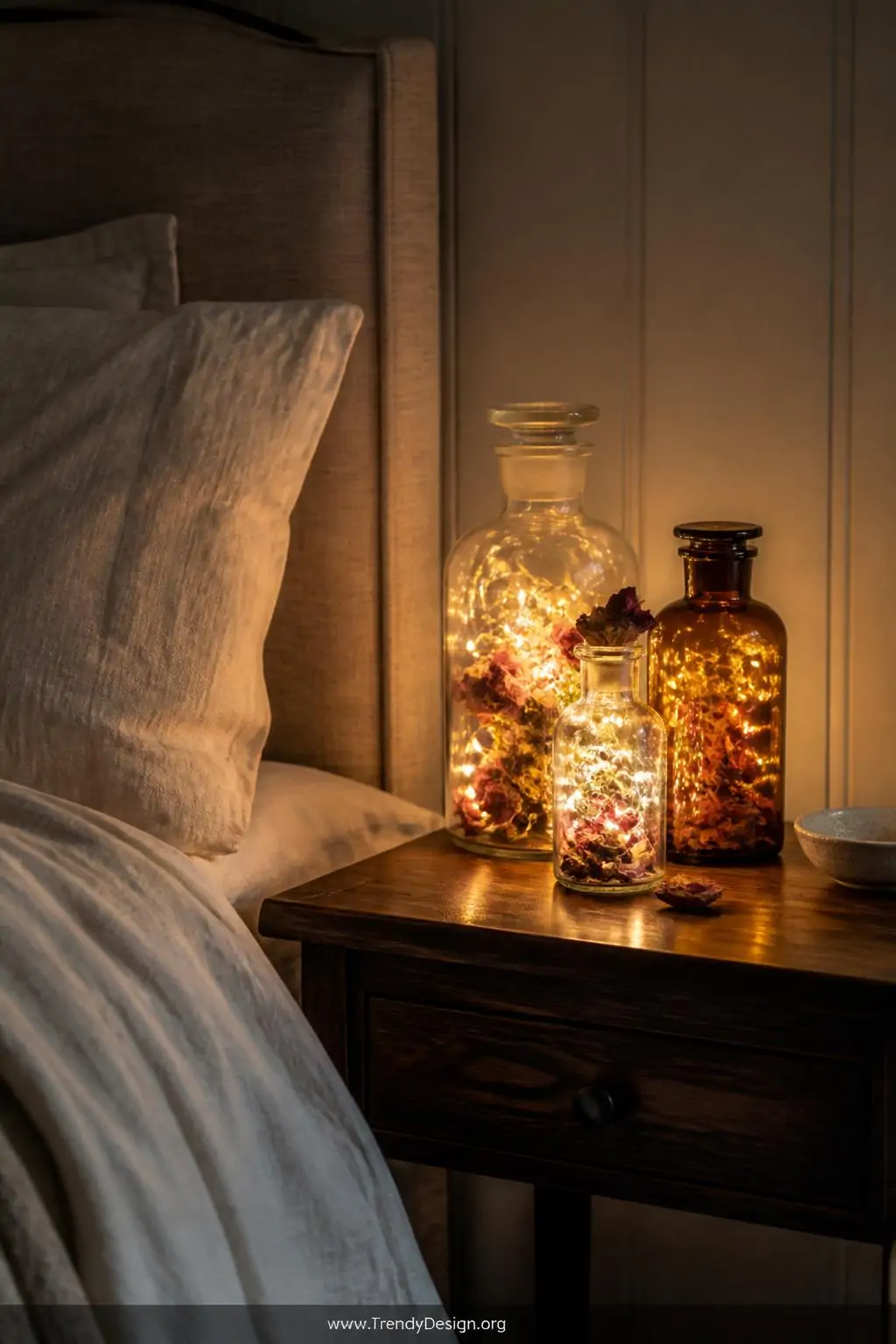 Medium shot of a cozy bedroom nightstand clustered with three clear and amber apothecary-style glass bottles stuffed with war