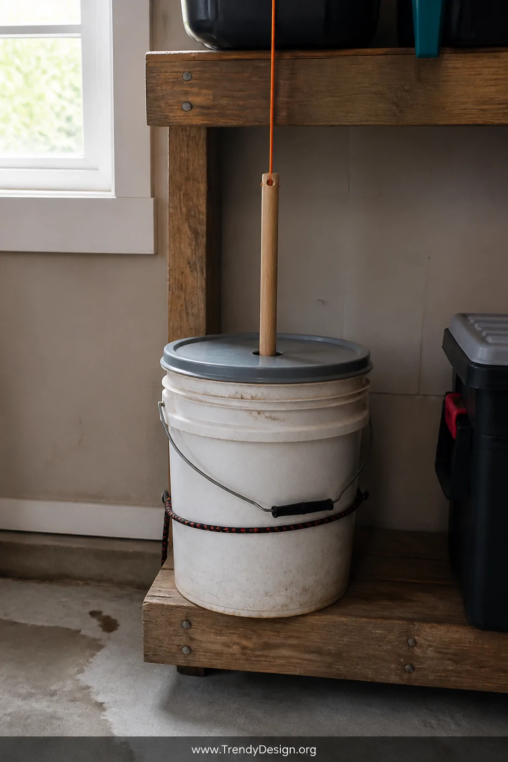 Medium shot of a rustic utility shelf holding a weathered five-gallon white plastic bucket with a wooden dowel positioned ver