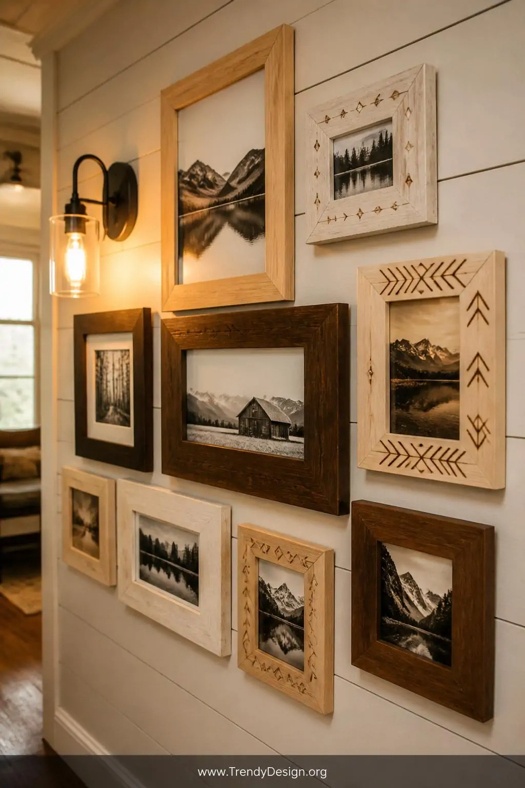 Medium-shot photorealistic interior of a cozy hallway wall covered in an asymmetric gallery arrangement of handmade wooden fr