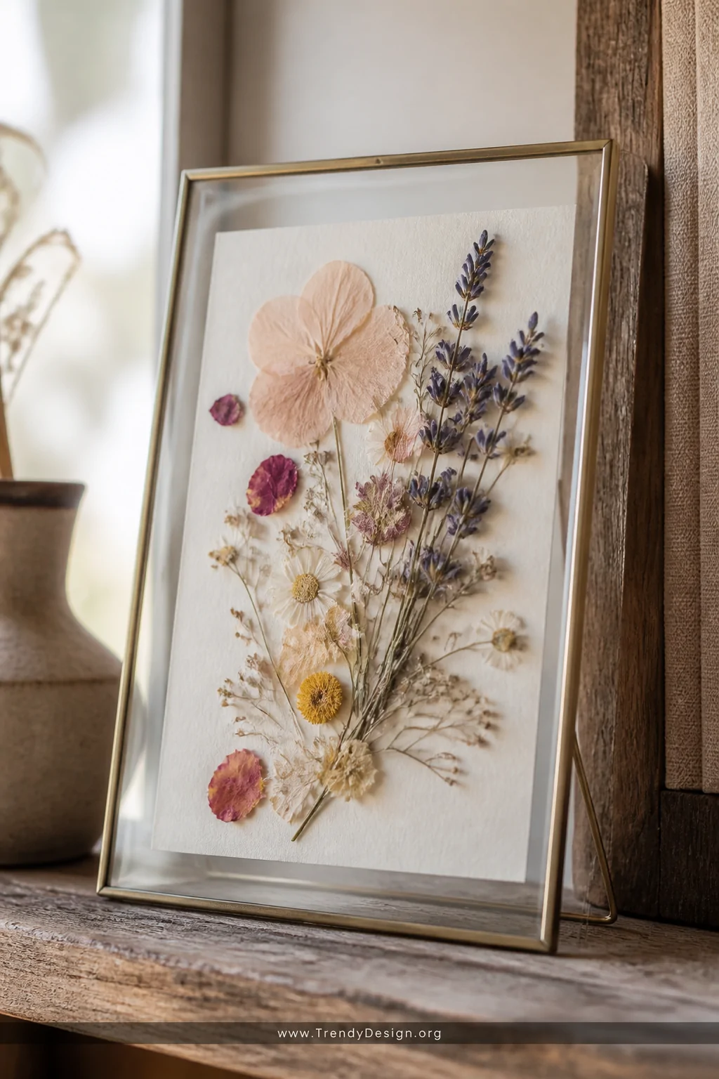 Close-up detail shot of a glass picture frame on a rustic wooden shelf displaying a delicate pressed flower arrangement with 