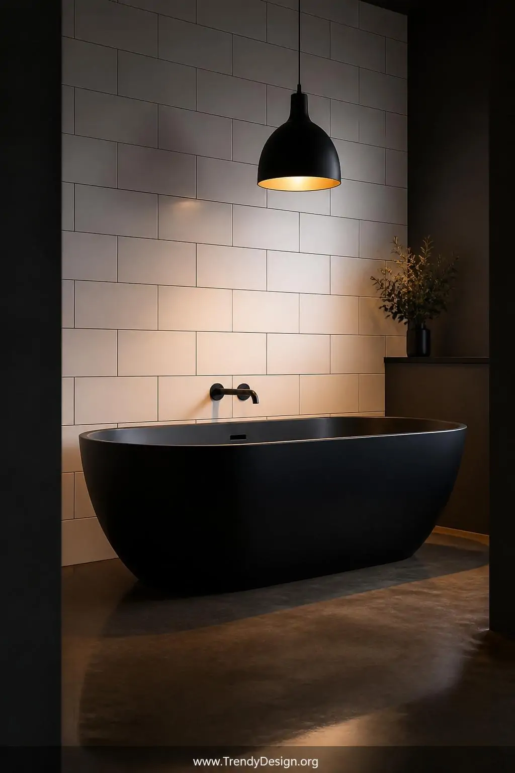 Medium shot of a striking contemporary bathroom where a matte black freestanding bathtub commands attention against floor-to-
