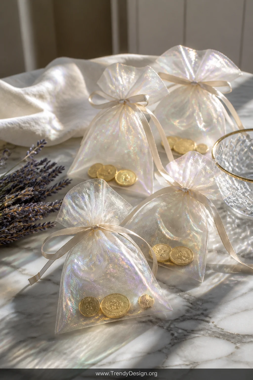 Medium shot of several sheer iridescent organza bags scattered on a white marble surface, their glittery translucent fabric c