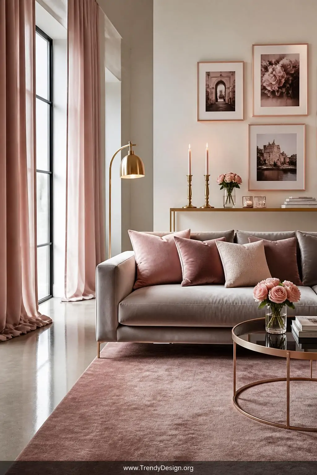 Medium-distance photorealistic interior photograph of a romantic living room with pale grey polished concrete floors and a li