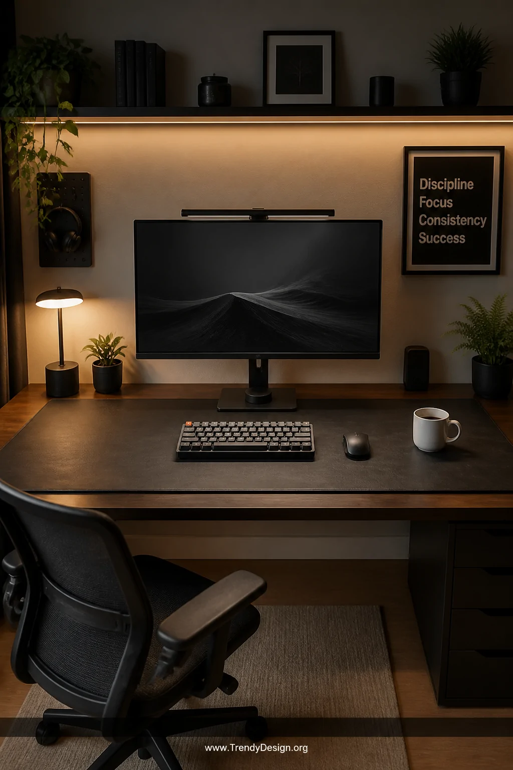 A wide shot of a full home office desk setup covered end-to-end with a large extended desk mat in dark leather texture, ancho