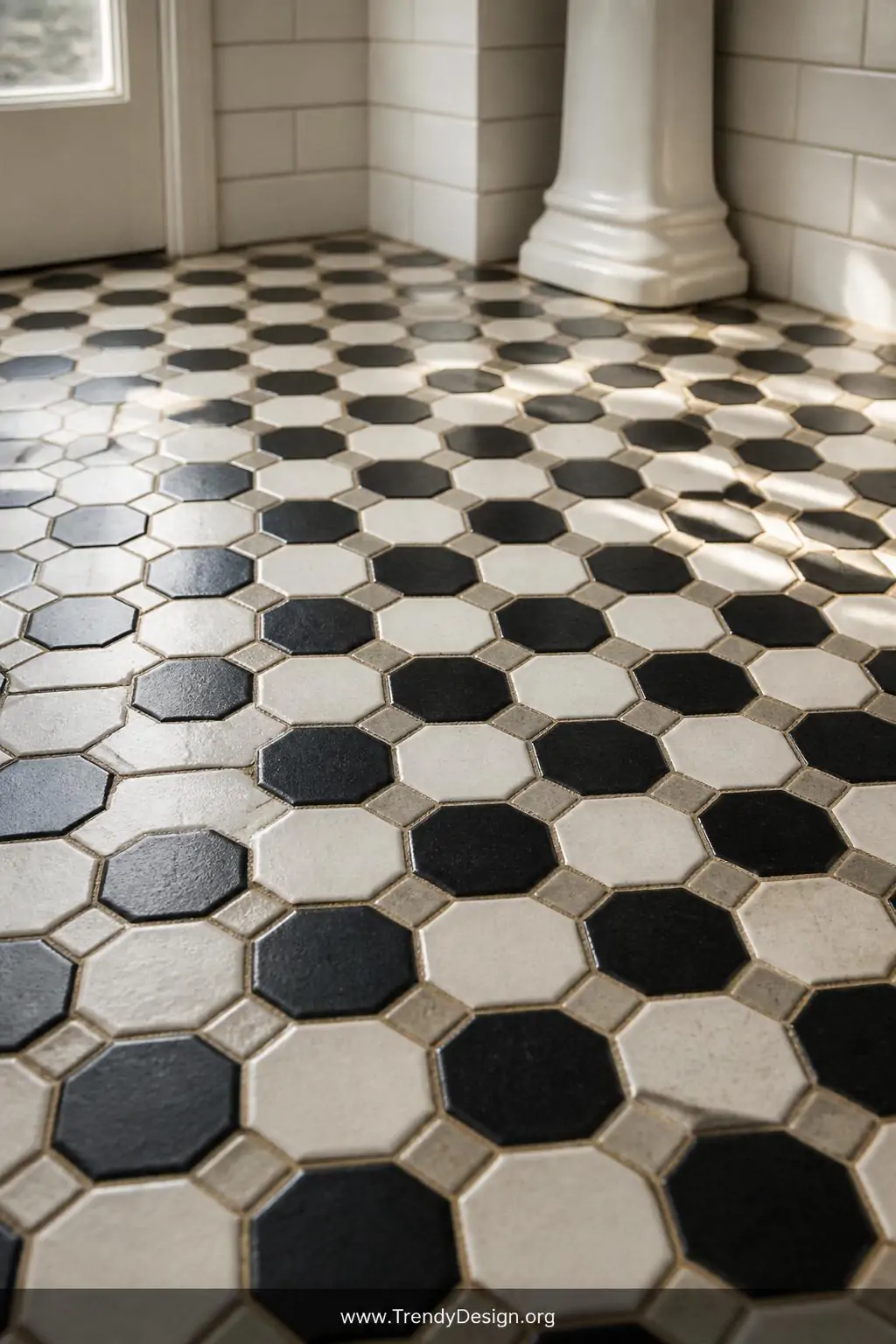 A closeup photorealistic interior design photograph of a classic black and white hexagonal tile bathroom floor shot from a lo
