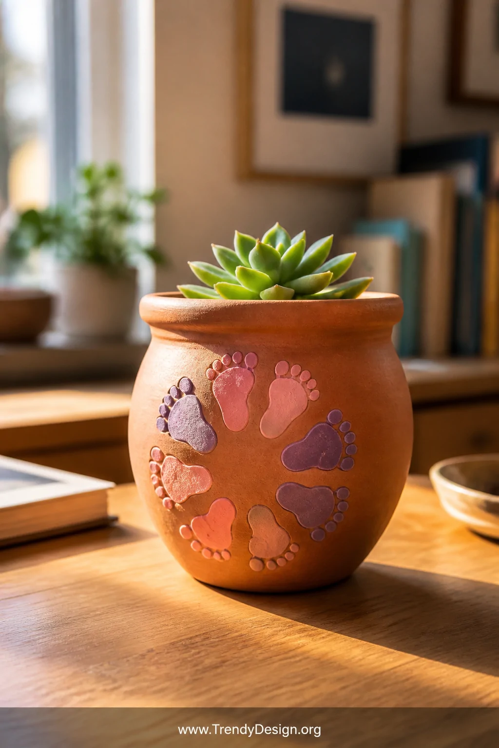 A closeup of a rustic terracotta pot sitting on a sunlit wooden desk surface, decorated with small stamped baby footprints ar