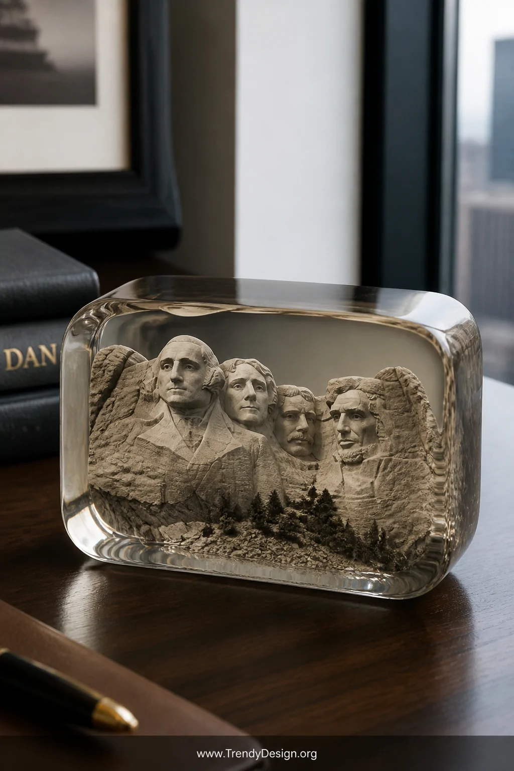 A close-up detail shot of a polished, glass-clear resin paperweight sitting on a dark walnut desk surface, with a miniature M
