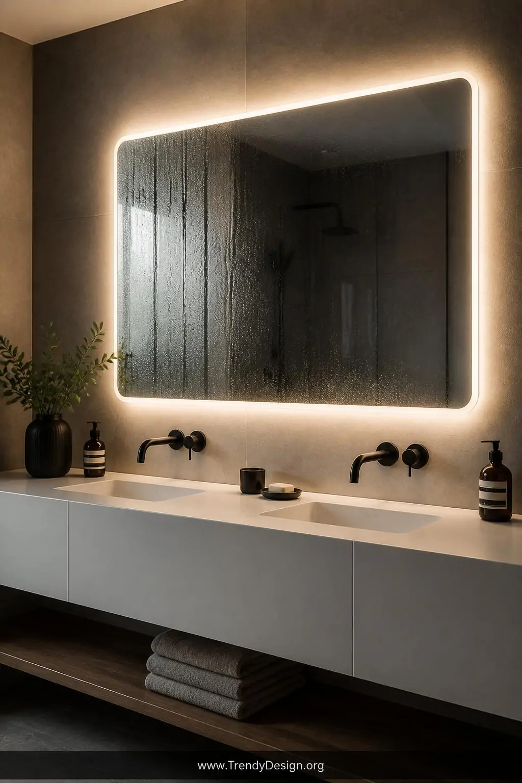 A backlit LED bathroom mirror with soft glowing illumination emanating from behind frosted glass edges casting a perfectly ev