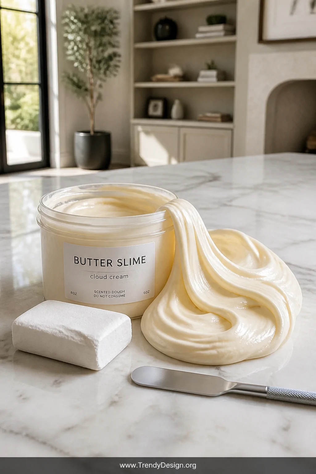 A medium styled shot of a marble countertop display featuring a clear airtight glass container of silky butter-hybrid slime w