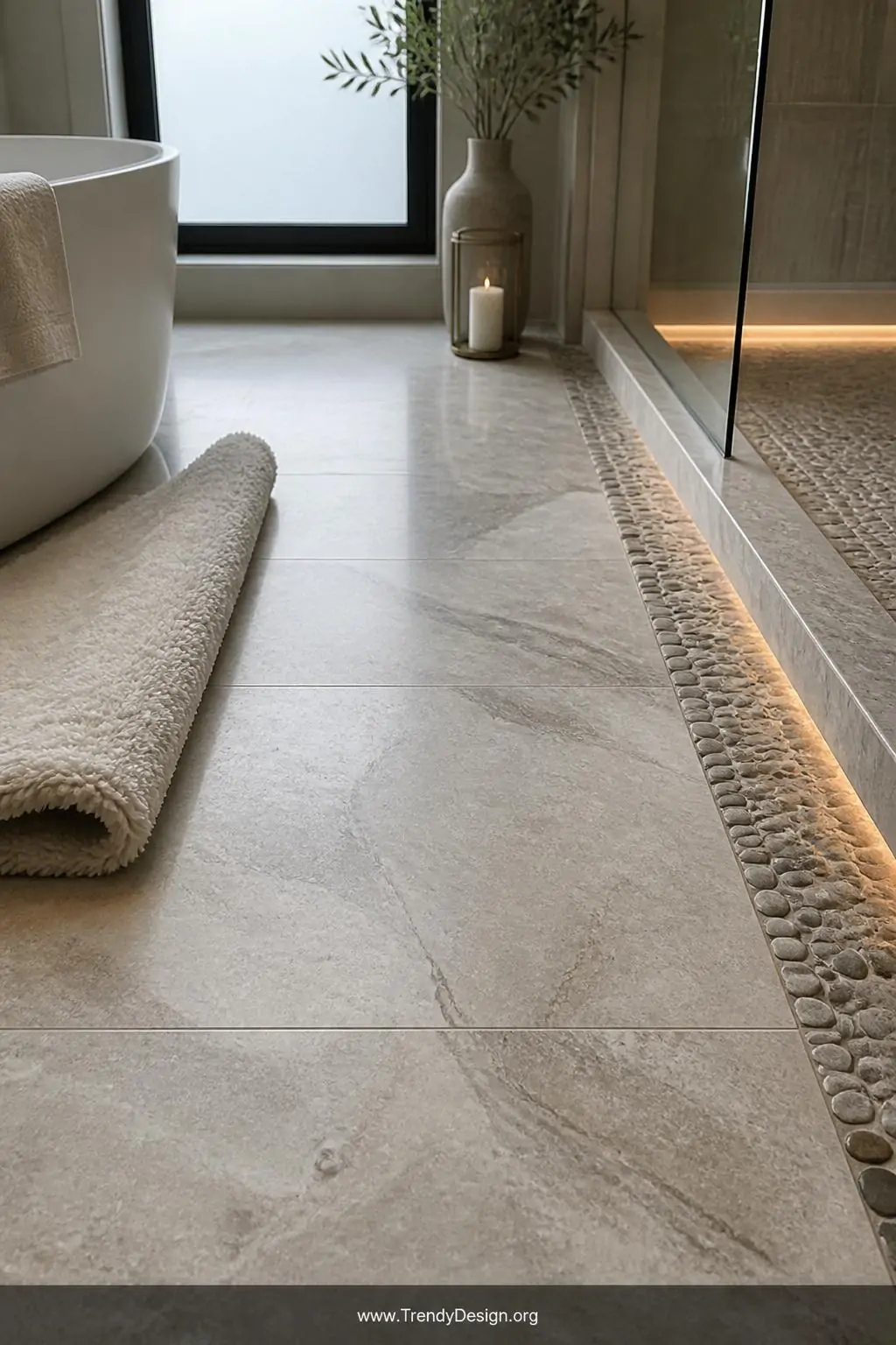 Medium photorealistic interior design shot looking down at a honed marble bathroom floor where large-format pale grey and ivo