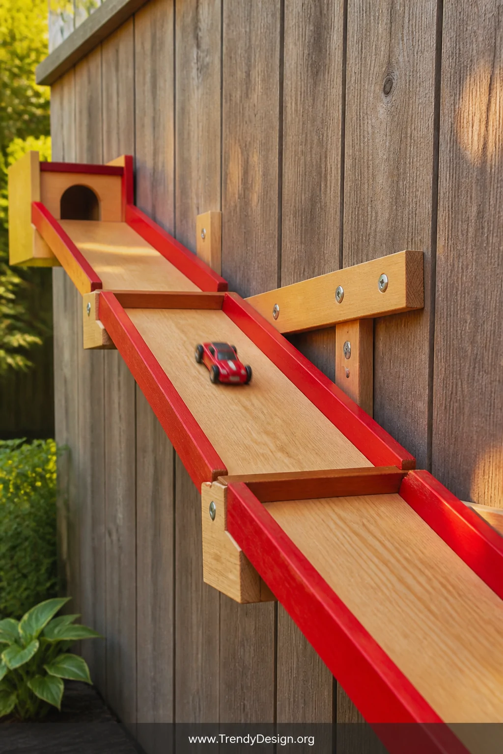 A backyard wooden toy car ramp system mounted against a weathered cedar fence, built from smooth sanded plywood with two-by-f