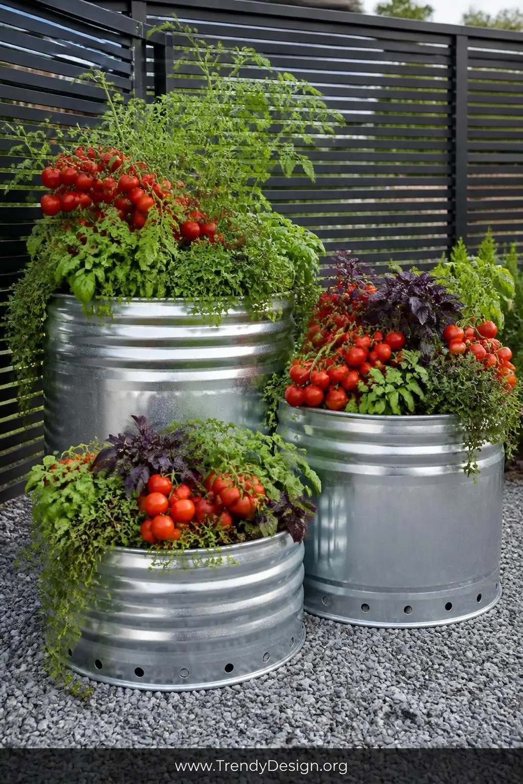 A medium photorealistic shot of three clustered galvanized metal stock tanks in varying cylindrical sizes, their corrugated s