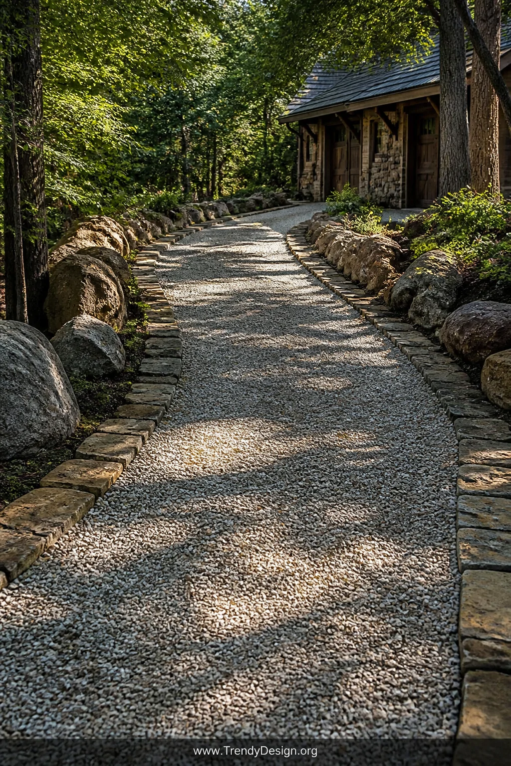 A medium shot of chunky irregular fieldstone and flat flagstone borders lining both sides of a rustic gravel driveway, warm h