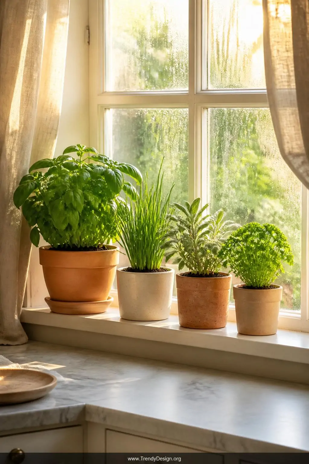 Medium shot of a south-facing kitchen windowsill bathed in warm golden morning light streaming through clean glass panes, a t