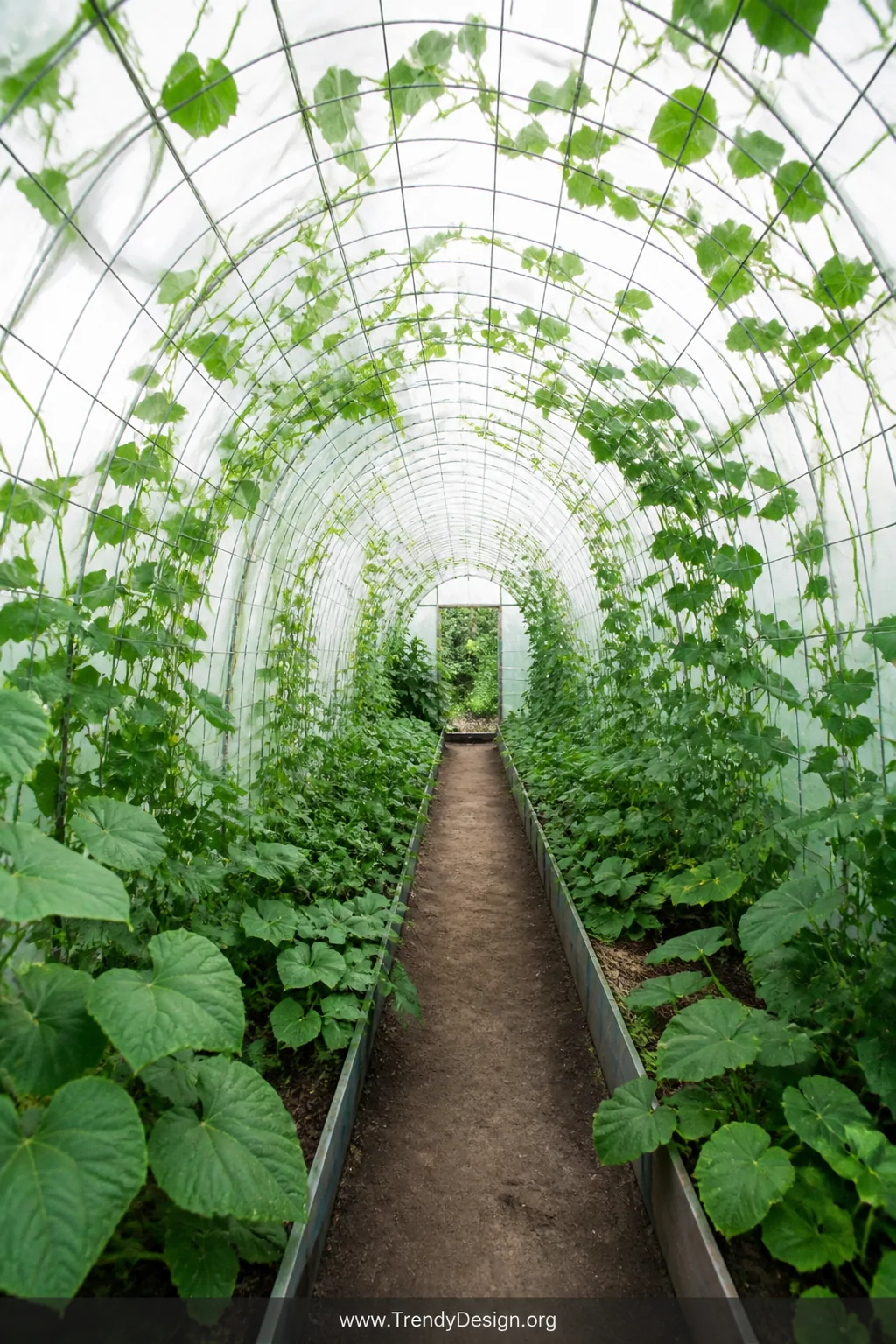 Medium shot of a robust cattle panel hoop house tunnel in a lush productive garden, rigid galvanized wire arches forming a ta