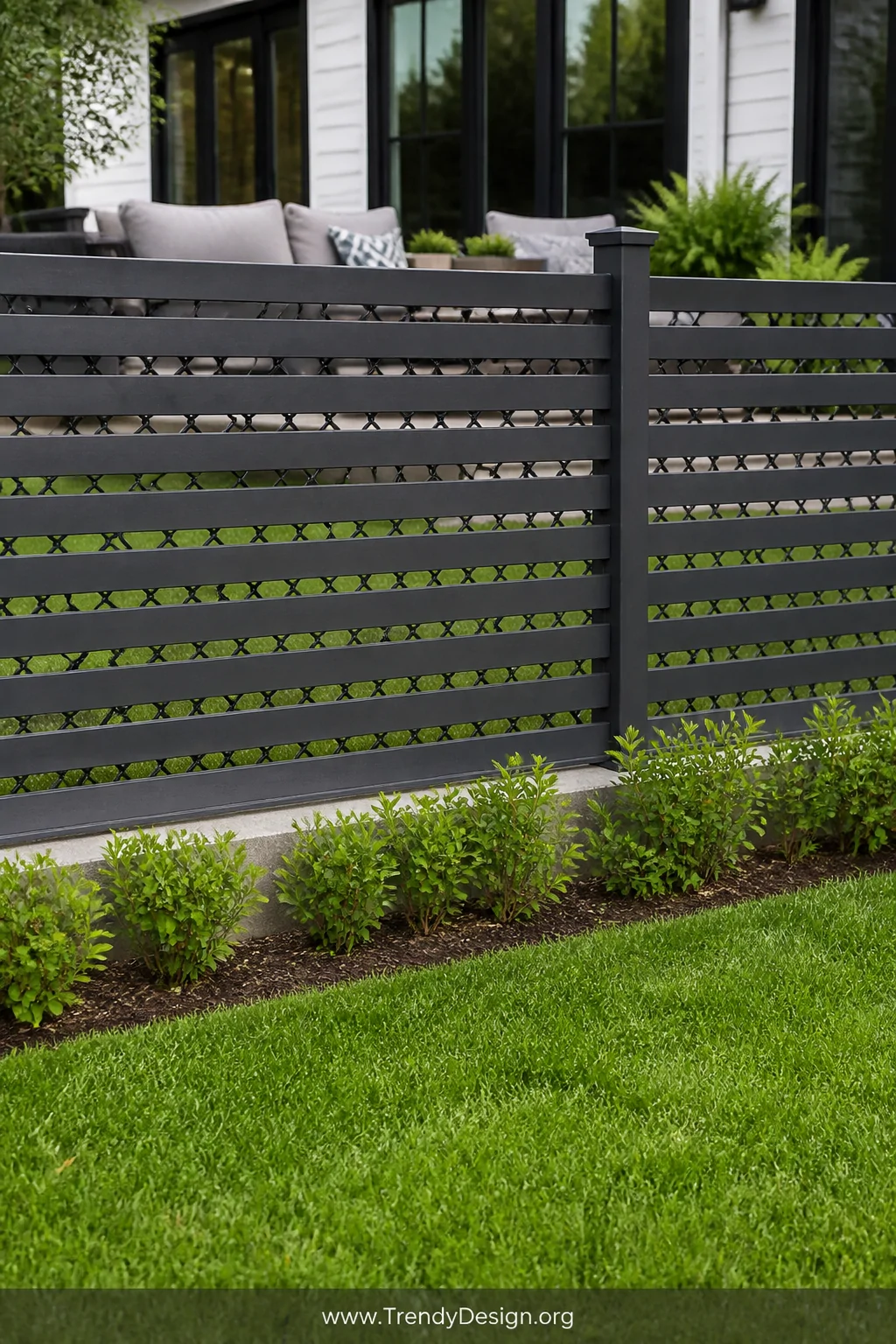 A medium shot of a modern backyard fence featuring woven vinyl privacy slats in warm charcoal gray threaded through chain lin