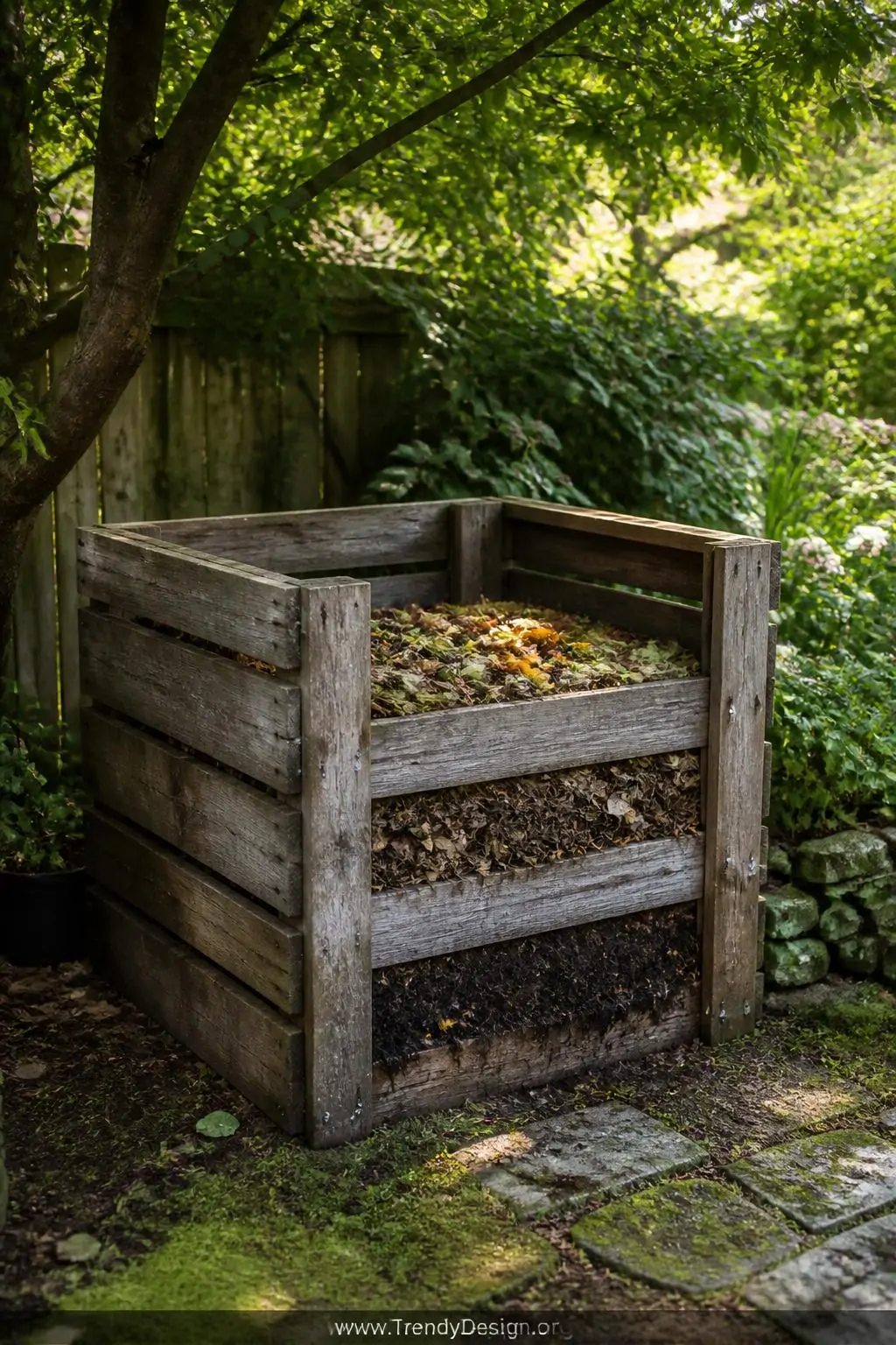 A rustic DIY outdoor compost bin constructed from weathered grey wooden pallets stands in a dappled shade corner of a lush ba
