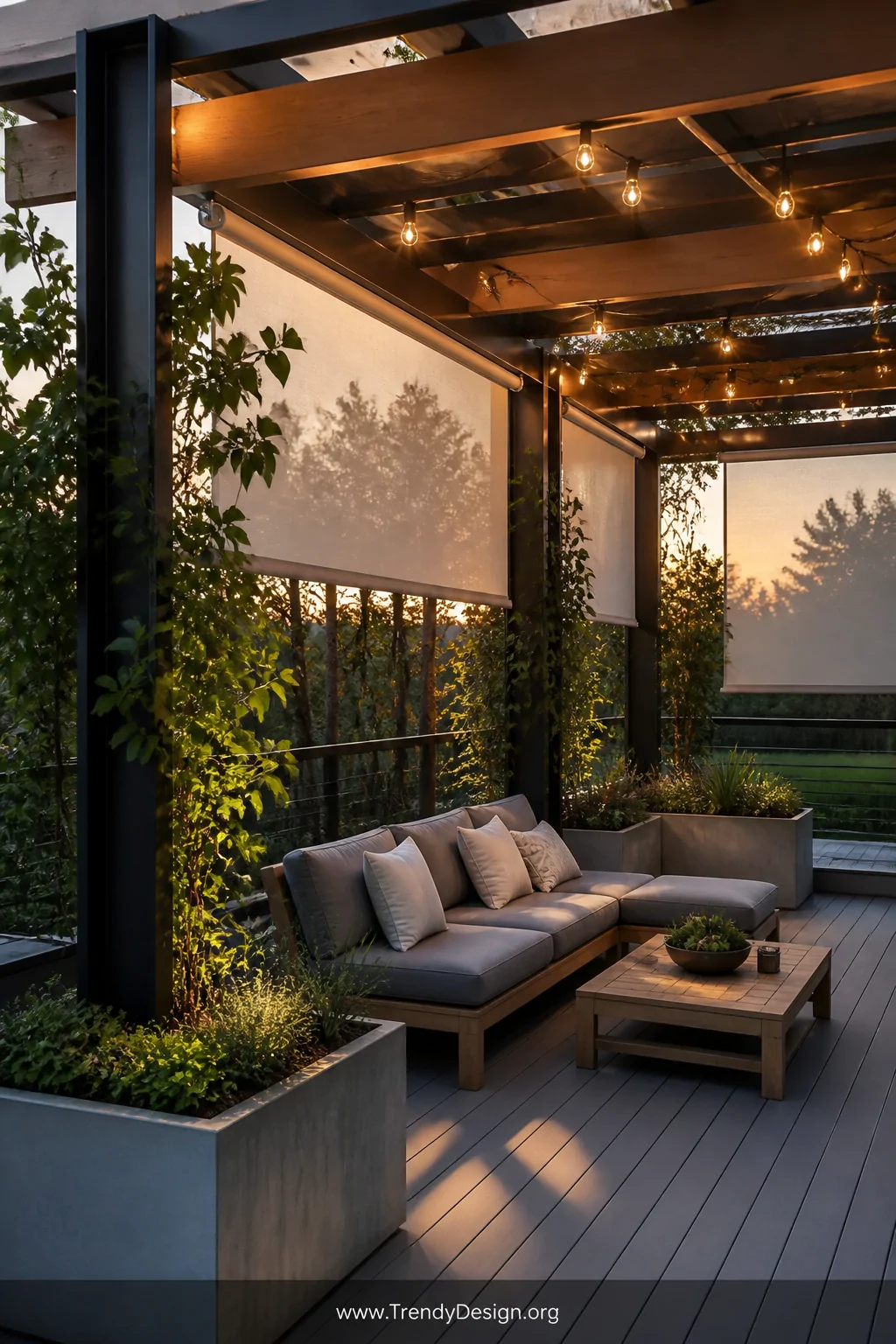 A medium photorealistic shot of a modern pergola-style gazebo with matte black steel posts and horizontal natural oak beams, 