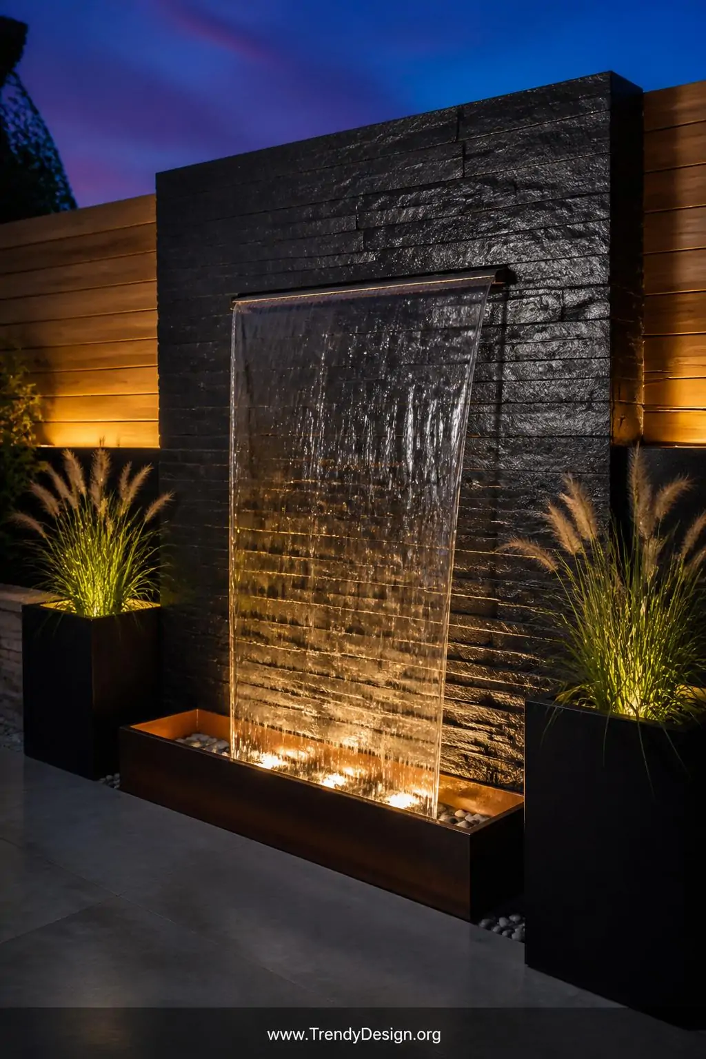 Medium-shot photorealistic image of a contemporary garden wall covered in natural dark charcoal slate panels with a sleek wal