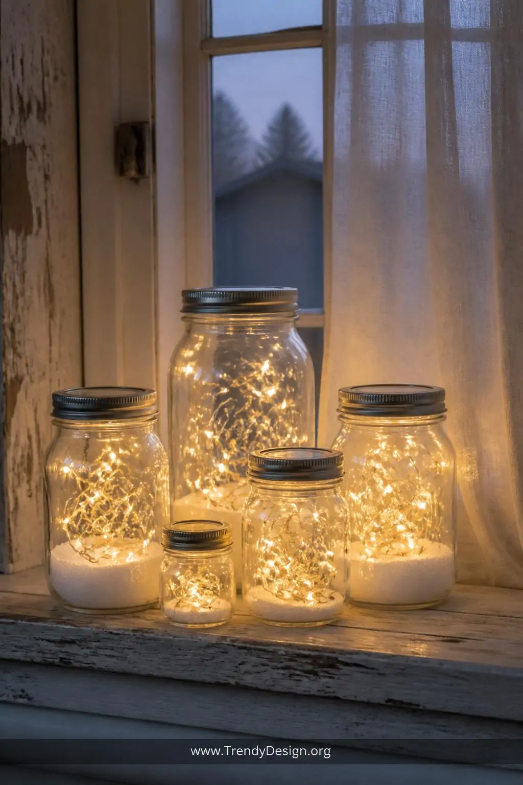 Medium shot of a rustic farmhouse windowsill at dusk with five mason jars of varying sizes clustered together, each filled wi