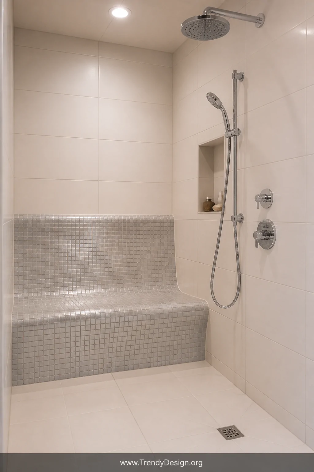 Medium shot of a built-in outdoor shower bench clad in small iridescent mosaic tiles in soft grey and white, contrasting agai
