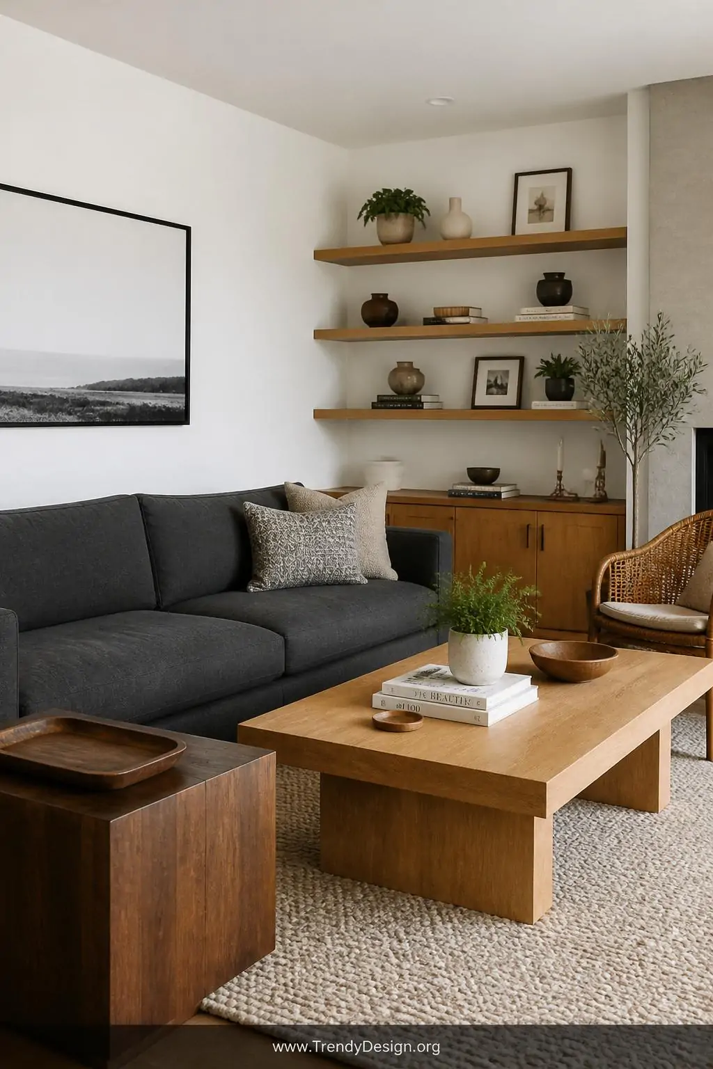 A medium-shot photorealistic interior showcasing a dark grey couch anchored by a light oak coffee table with visible wood gra