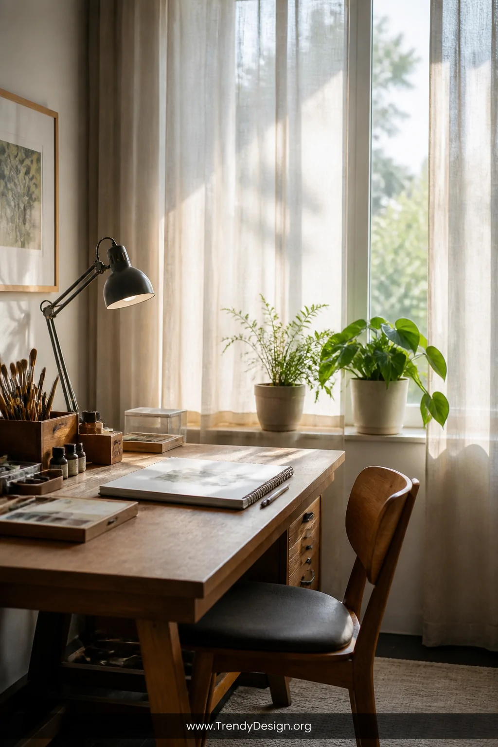 Medium shot of a wooden art desk positioned perpendicular to a large window with sheer white linen curtains diffusing warm af