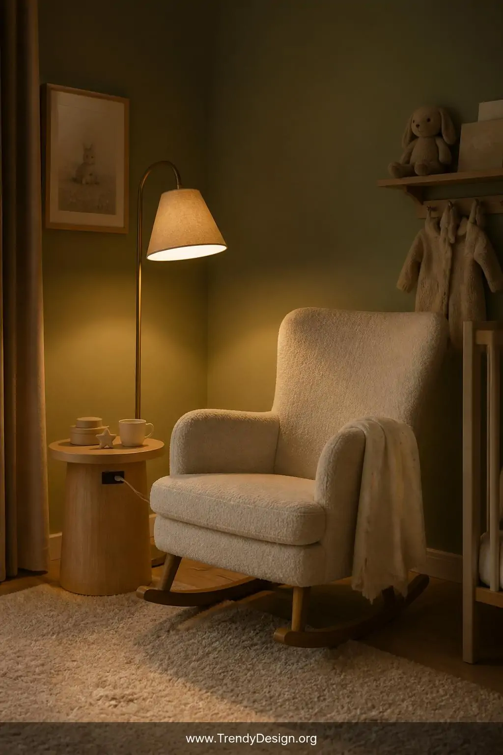 Medium photorealistic shot of a nursery reading nook corner with a linen-shaded floor lamp beside a cream boucle rocking chai