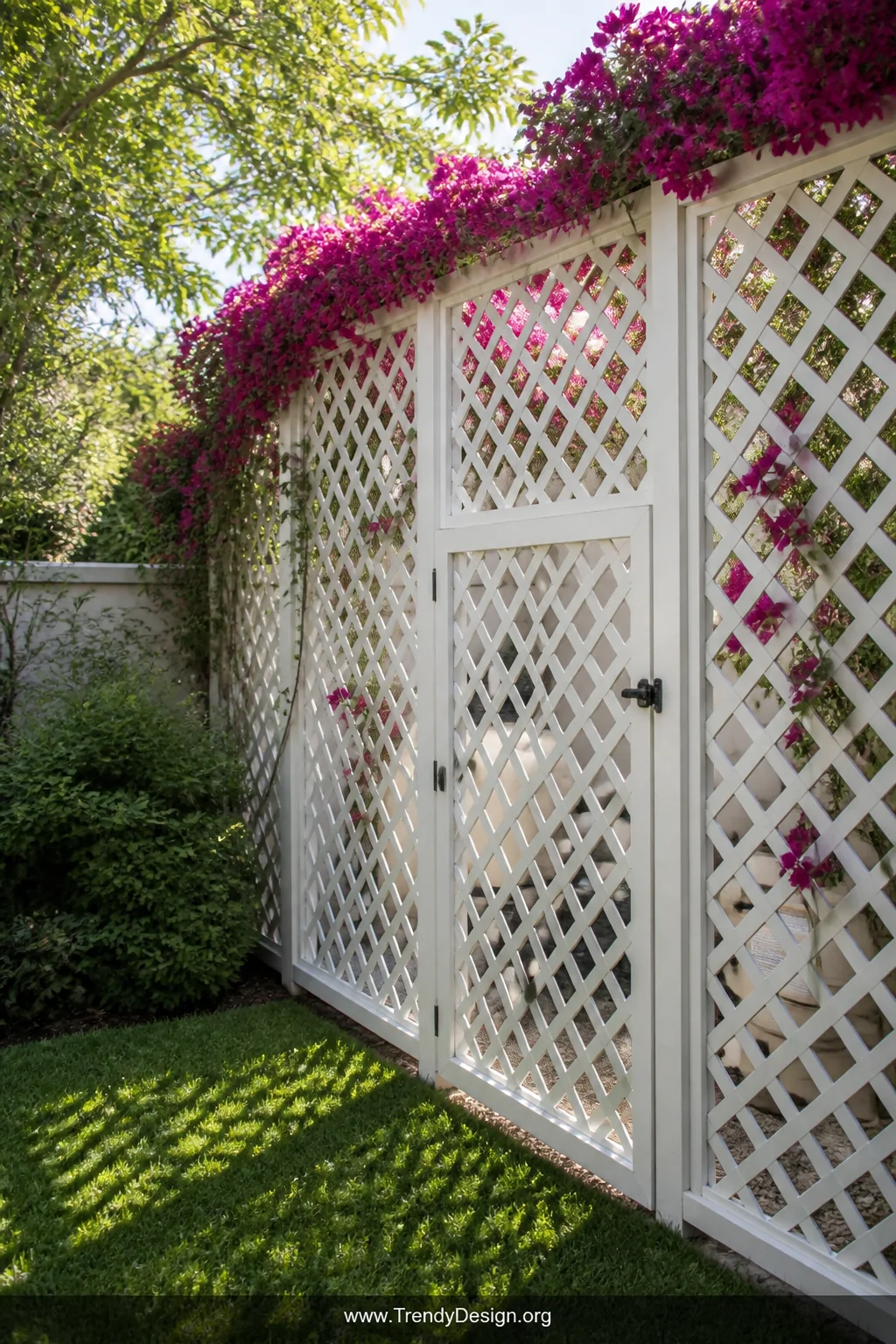 A photorealistic medium shot of a cottage-garden backyard corner where white diamond-pattern lattice panels mounted on 2x4 fr