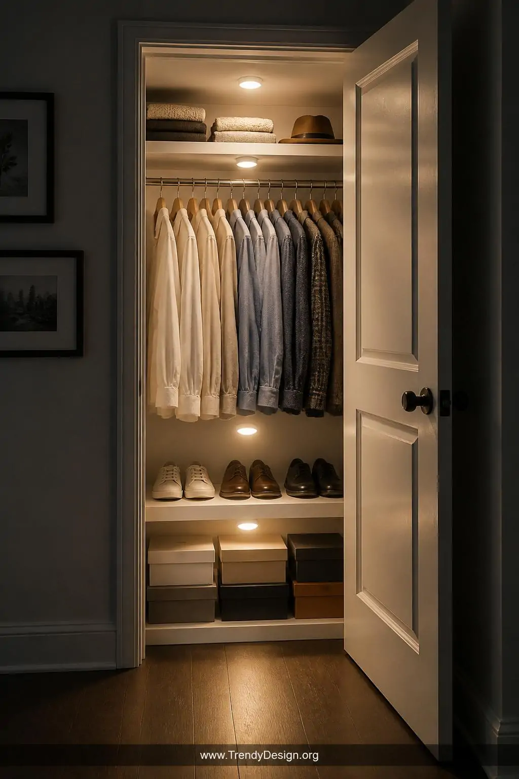 Medium shot of a compact reach-in closet with three round white battery-operated puck lights mounted on painted white shelves