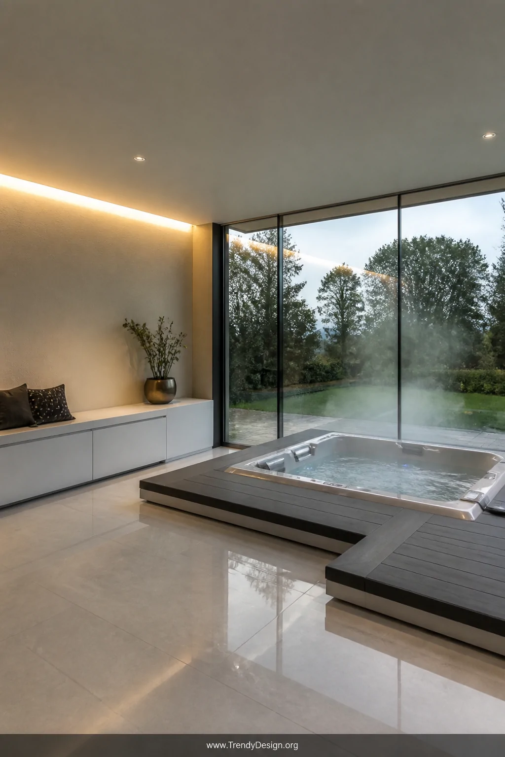 Medium photorealistic shot of a modern minimalist hot tub pavilion interior featuring frameless glass panels on two sides, la