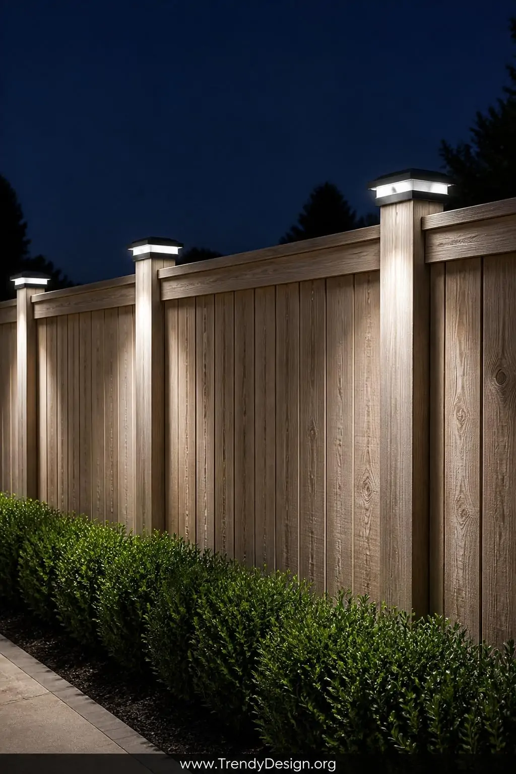 Medium shot of a natural cedar fence line with evenly spaced posts each topped by a sleek square solar post cap light, cool w