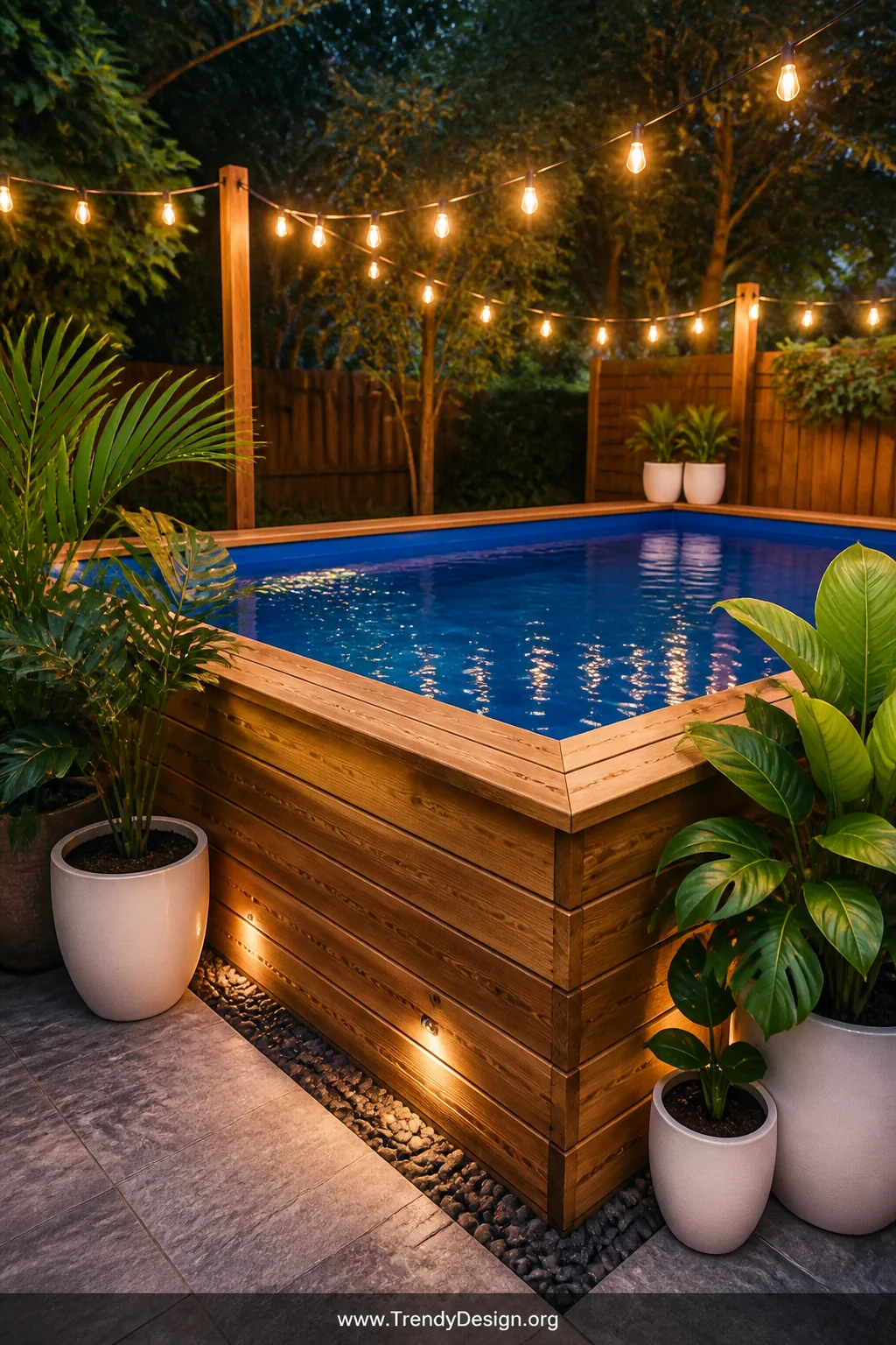 Medium shot of a rectangular raised wooden pool built from honey-toned pressure-treated lumber with visible wood grain textur
