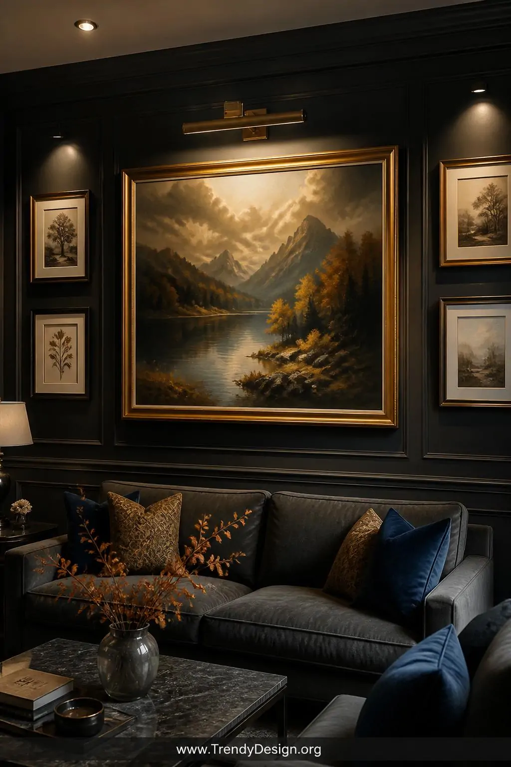 Medium-shot photorealistic interior of an elegant living room gallery wall where a large oil painting in gilded frame is dram
