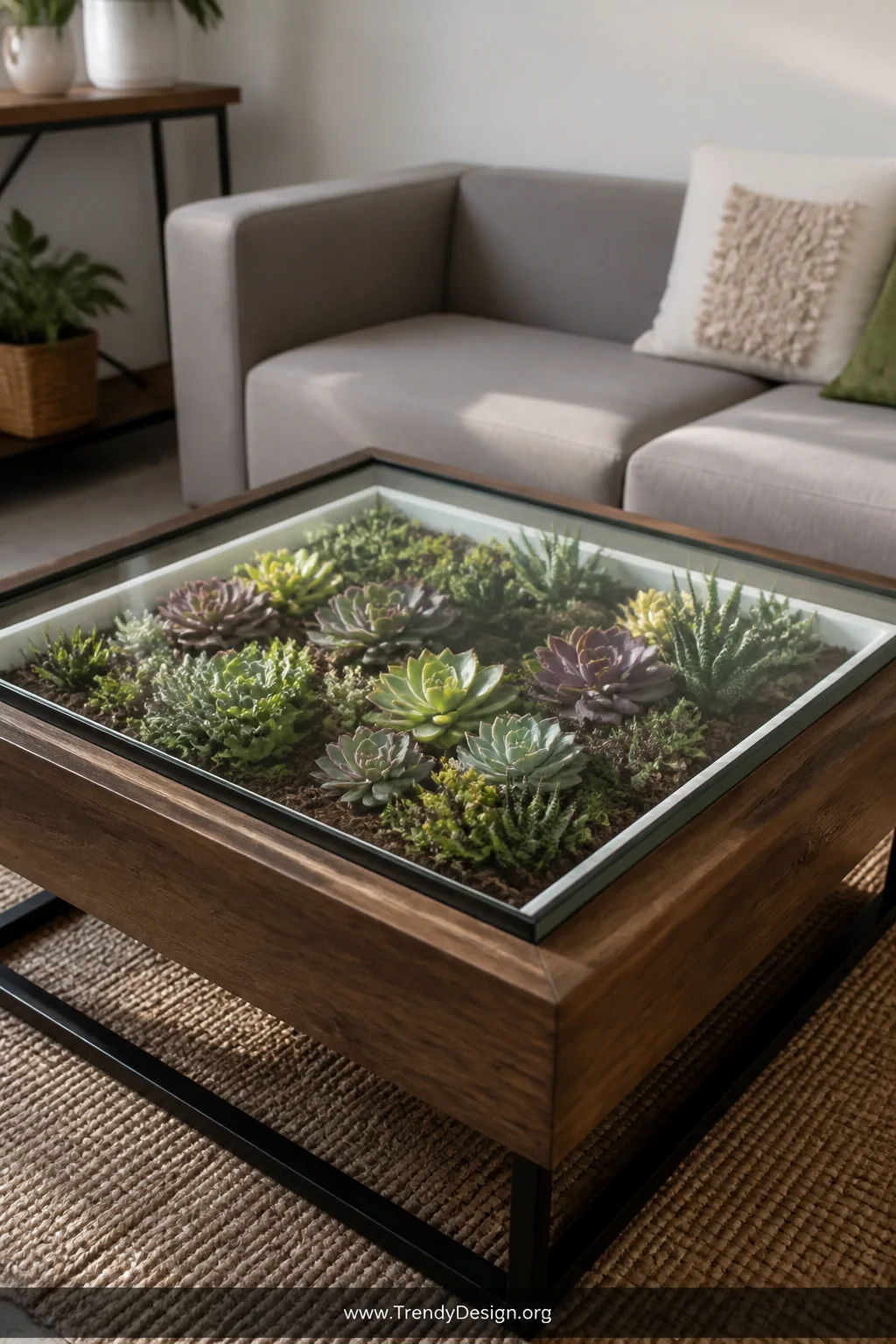 Medium shot of a modern living room shadow box coffee table with a deep glass lid revealing a lush arrangement of living succ