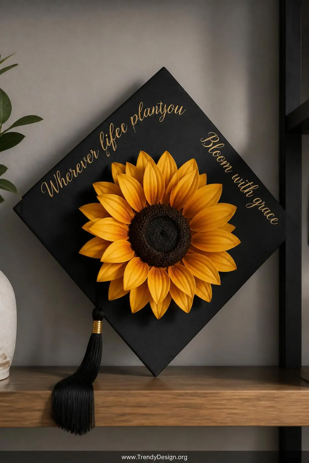 A medium photorealistic shot of a styled display shelf showcasing a single oversized faux sunflower with deep brown center an