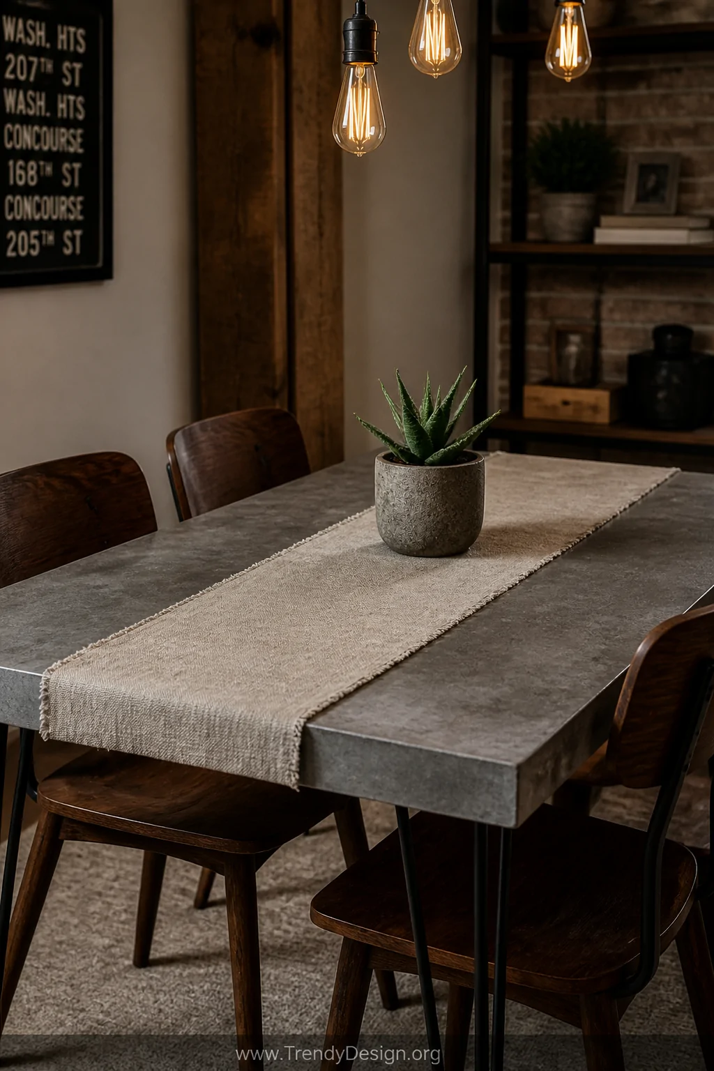 A medium shot of a rustic industrial dining area showcasing a table with a matte grey concrete overlay surface displaying sub