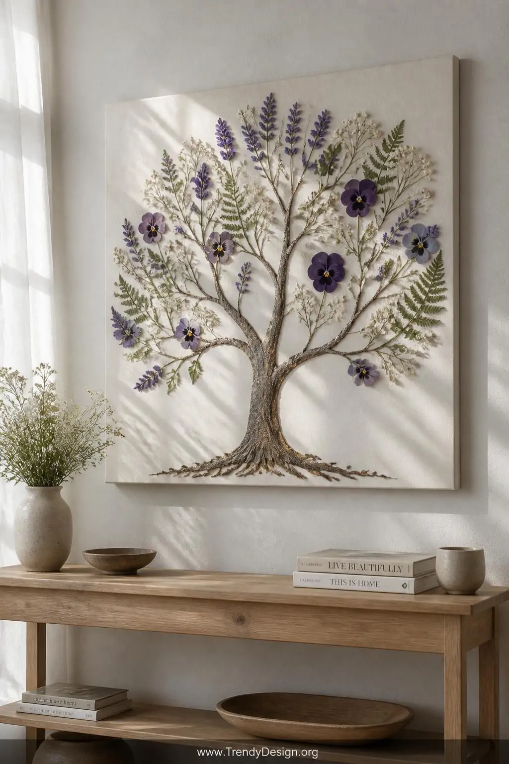 A medium shot of a stretched canvas Tree of Life artwork displayed on a white plaster wall above a slim natural oak console t