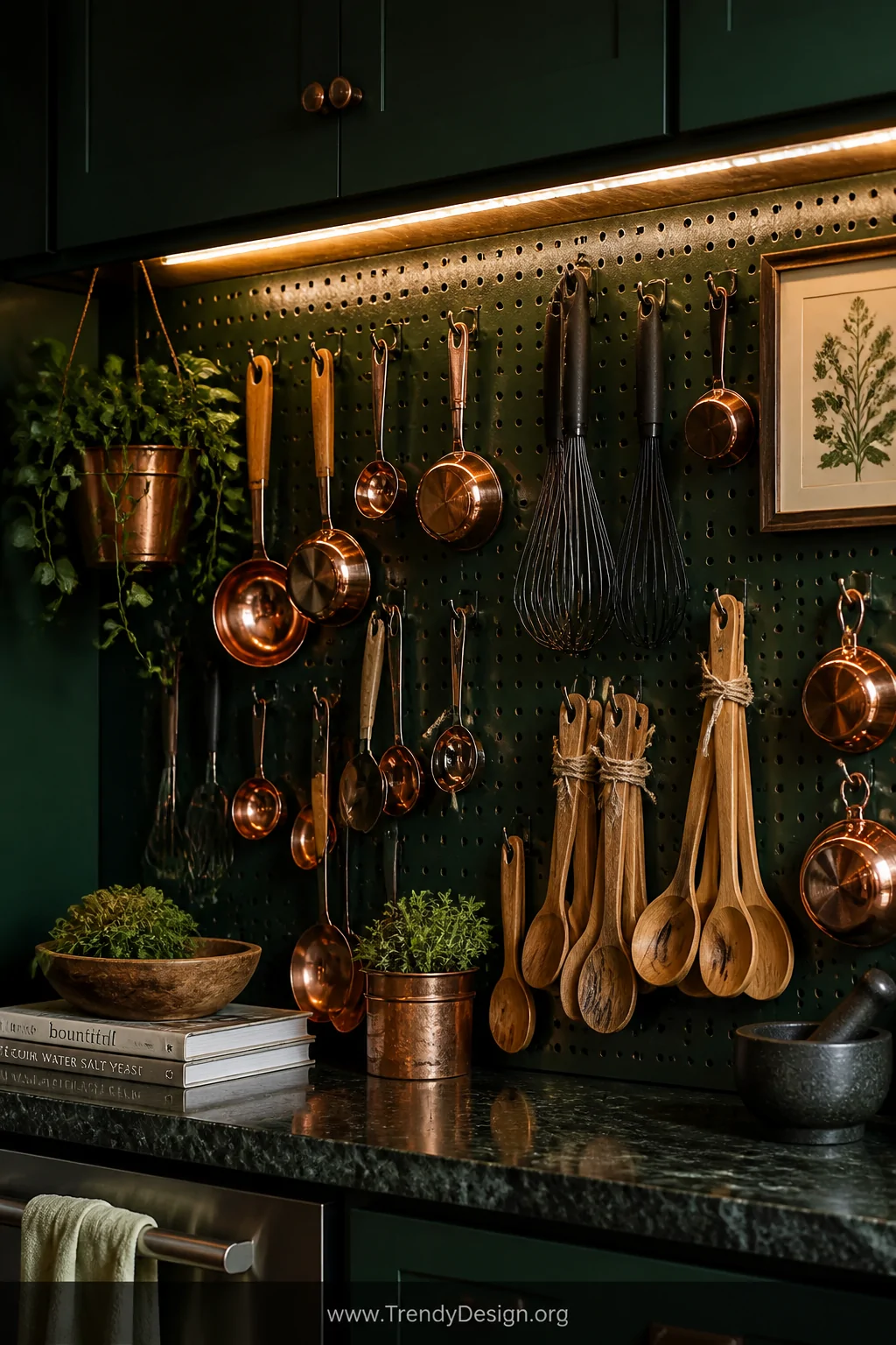 A medium kitchen shot of a deep forest green pegboard apron board densely styled with hanging copper ladles and spoons, matte