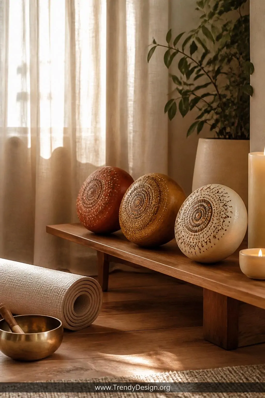 Medium shot of a serene meditation corner featuring a low teak wooden shelf holding mandala-painted coconut shells in rich te