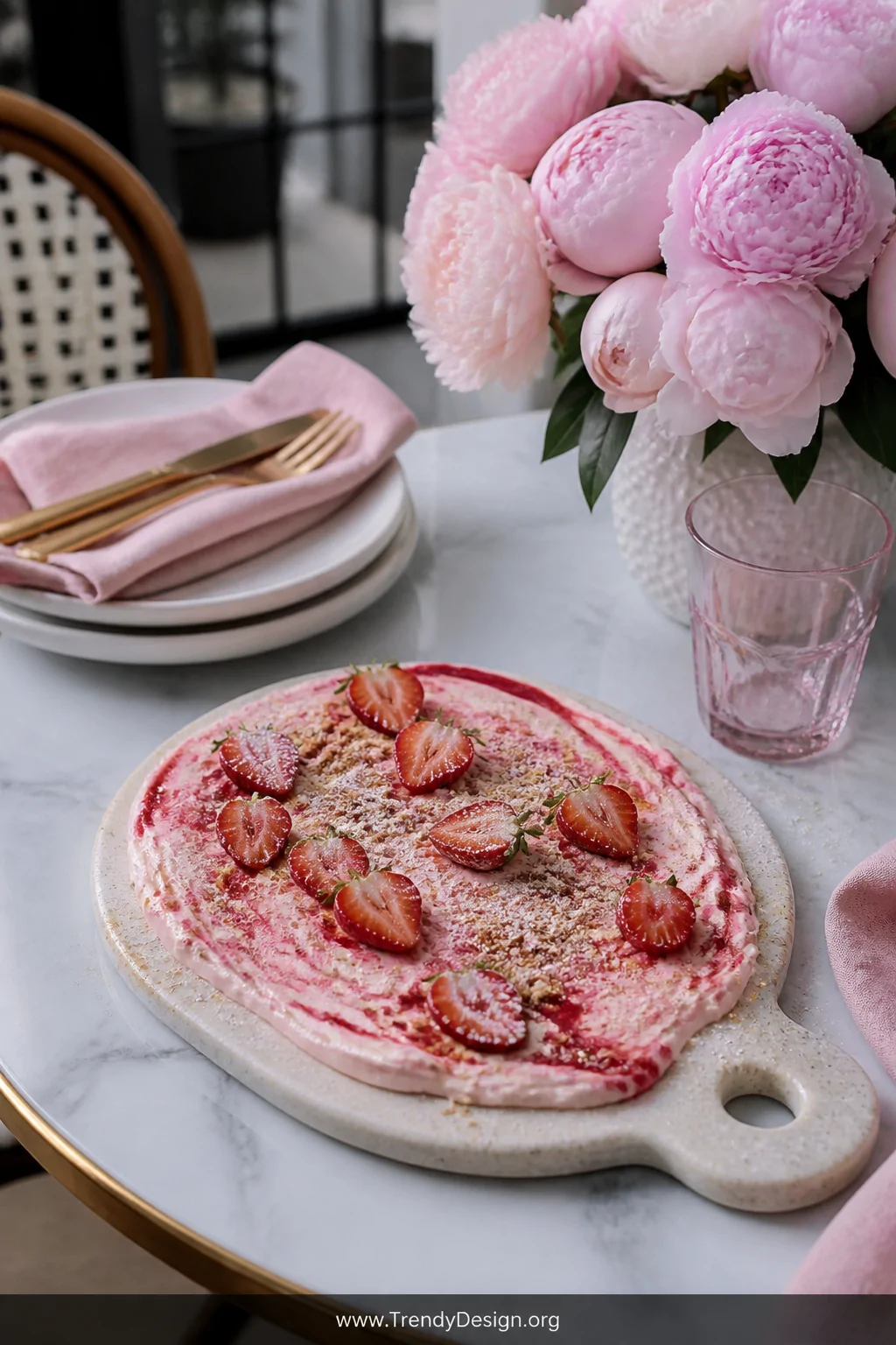 A medium-shot styled brunch tablescape on a marble-topped bistro table, showcasing a ceramic serving board swirled with blush
