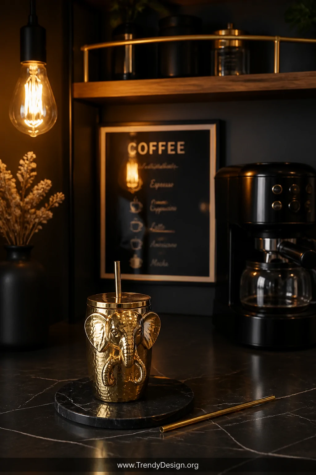 A medium shot of a sleek coffee station styled with a shiny metallic gold elephant tumbler placed on a dark marble coaster be