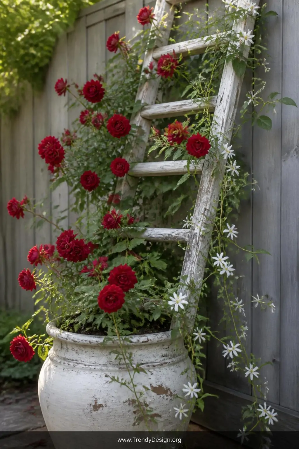 A medium shot of a whitewashed vintage wooden ladder leaned at a gentle angle behind an oversized ceramic pot overflowing wit