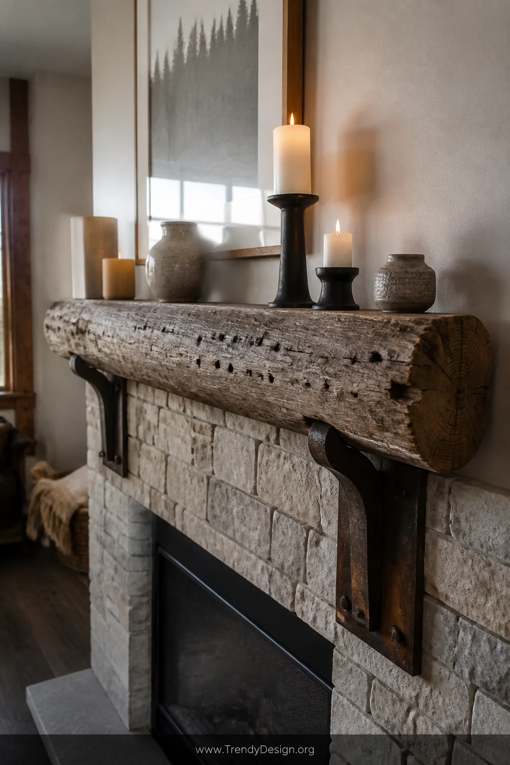 Medium photorealistic interior shot of a cozy living room fireplace mantel crafted from a thick 10-inch diameter telephone po