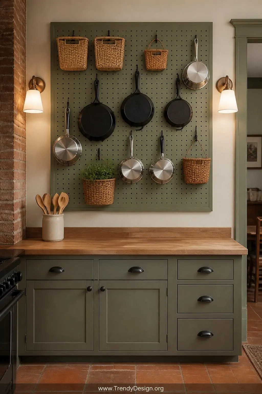 Medium shot of a painted sage green pegboard wall mounted in a compact kitchen, an organized arrangement of cast iron skillet