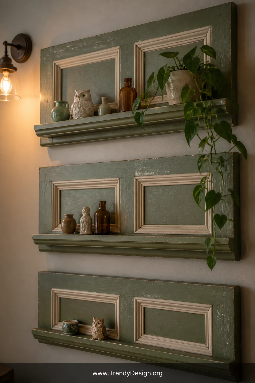 A close-up detail shot of three cut vintage six-panel colonial door sections mounted as floating wall shelves painted in deep