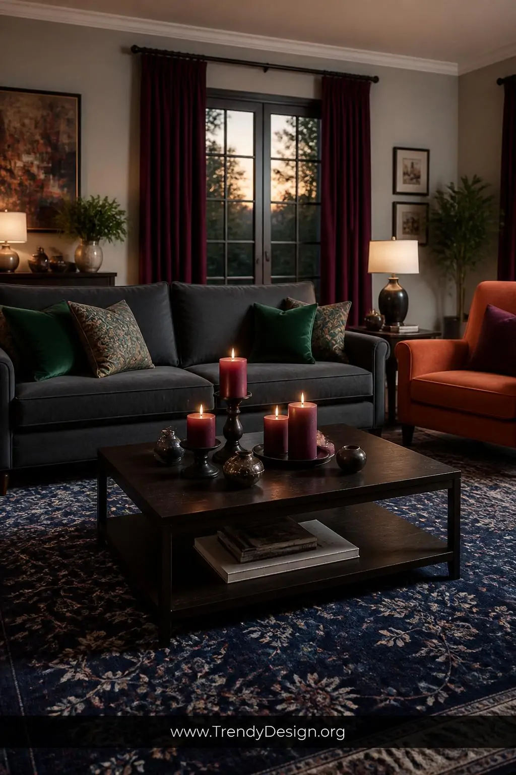 Medium photorealistic interior design shot of a sophisticated family room where a charcoal gray sofa pops against emerald gre