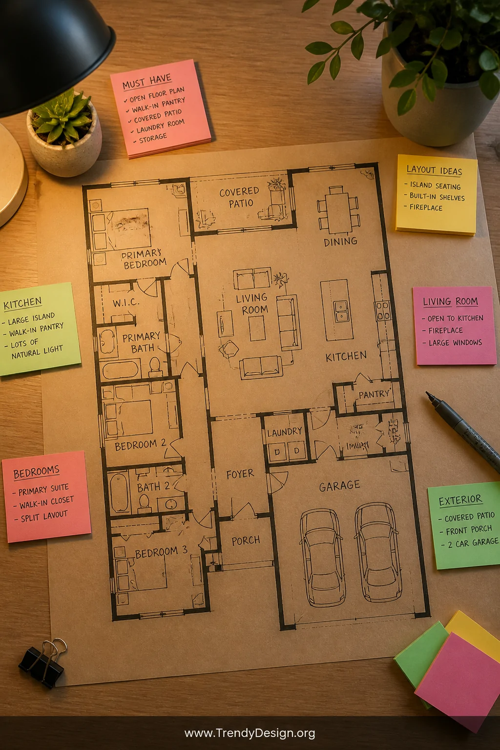 A wide-angle overhead flat-lay of a hand-drawn home floor plan sketch on kraft paper spread across a light oak desk, surround