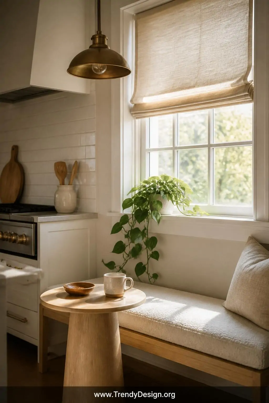 Medium shot of a window-side kitchen breakfast nook with morning light streaming through a double-hung window fitted with a n