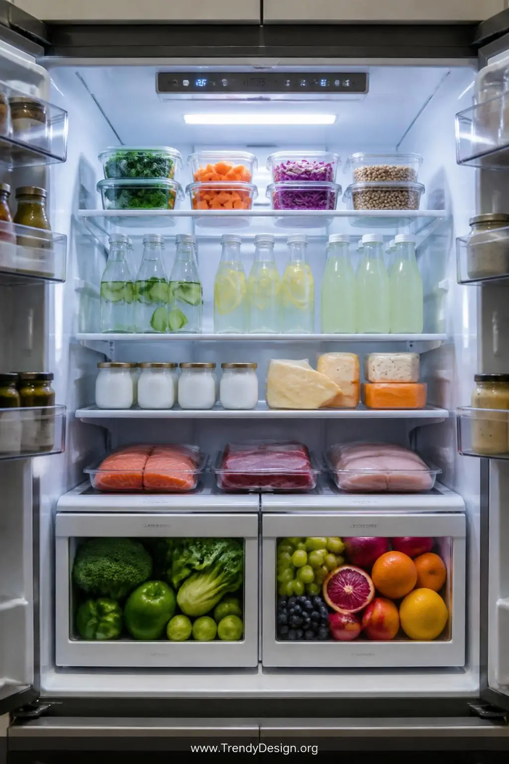 A medium shot of an open French door refrigerator interior organized into precise color-coded zones, upper shelves holding gl